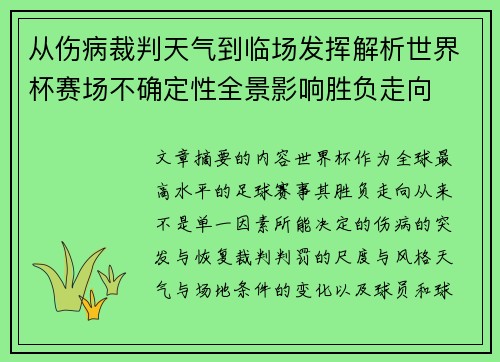 从伤病裁判天气到临场发挥解析世界杯赛场不确定性全景影响胜负走向